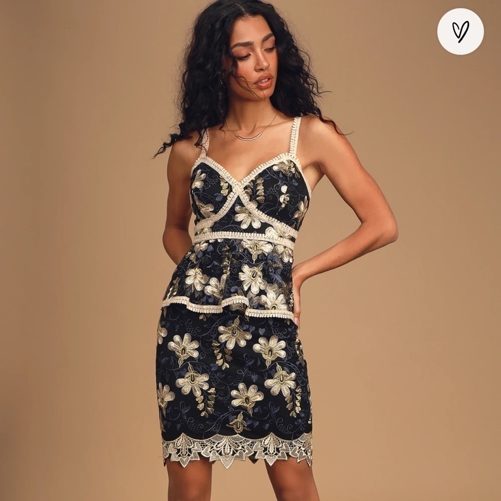 NWT Lulus Karina Black and Blue Floral Embroidered Peplum Dress XS
